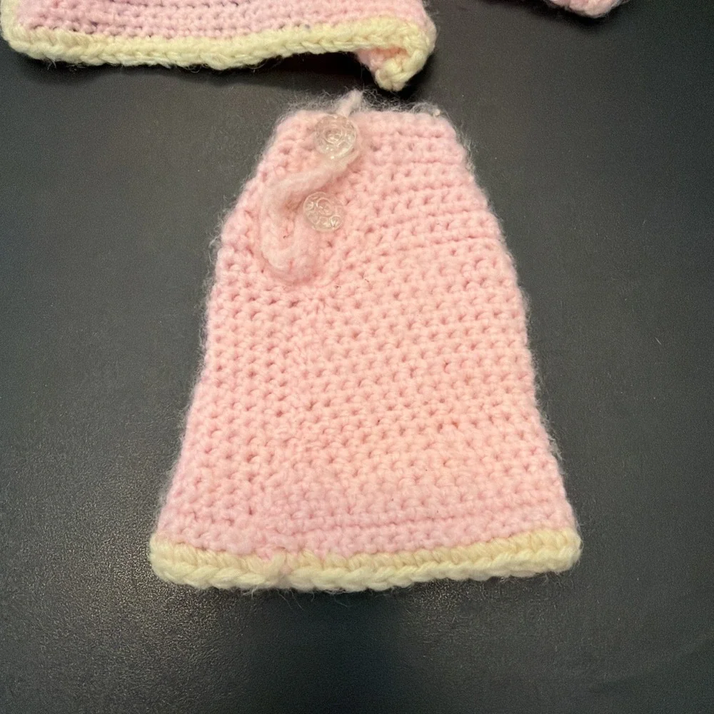 Vintage Handmade Crocheted Pink Color Dress, Barbie Size With Accessories